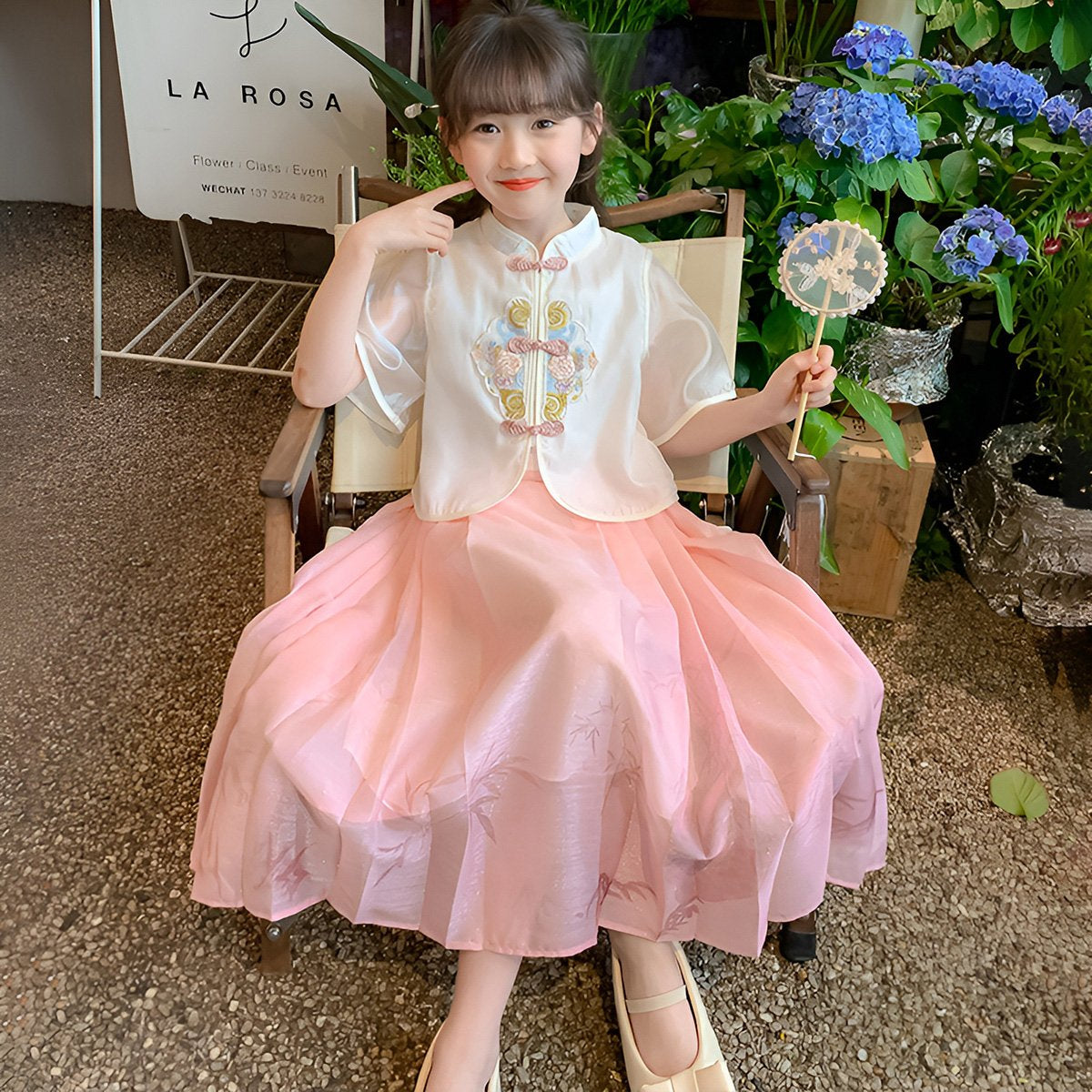 Girls Pink and Green Short Sleeve Hanfu Dress