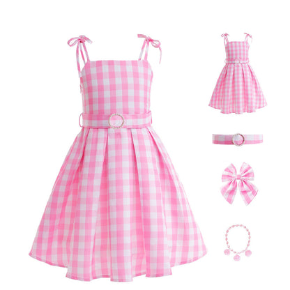 Barbie Cosplay Kid's Pink Gingham Summer Dress Set