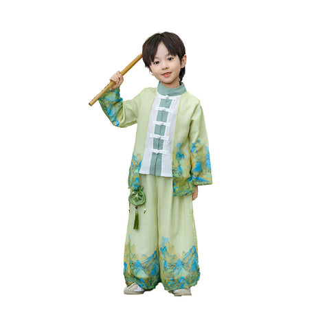 Boys' Traditional Green Landscape Painting Hanfu