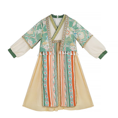 Girls Ethnic Dress Hanfu Ethnic Wear with Green and Beige Accents