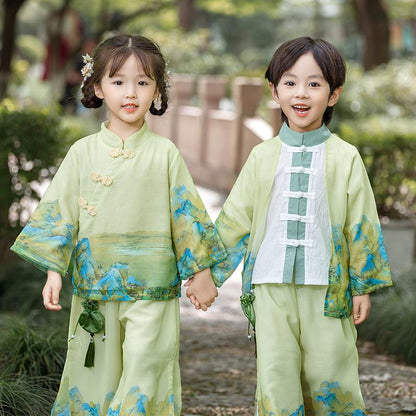 Boys' Traditional Green Landscape Painting Hanfu