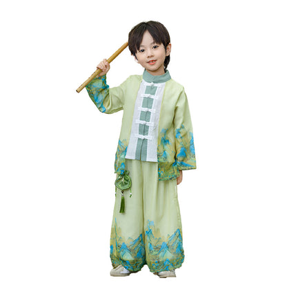 Boys' Traditional Green Landscape Painting Hanfu