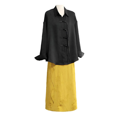 Elegant Black Blouse and Yellow Skirt Modern New Chinese Fashion Set