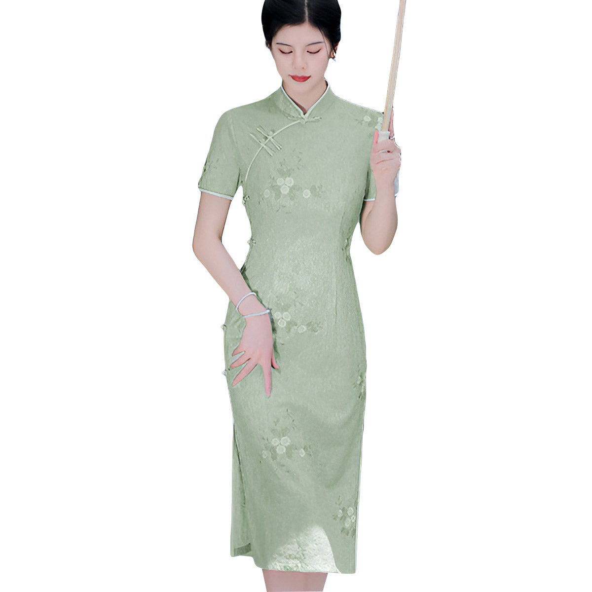 Woman wearing a pastel green modern Cheongsam dress with floral lace embroidery, 